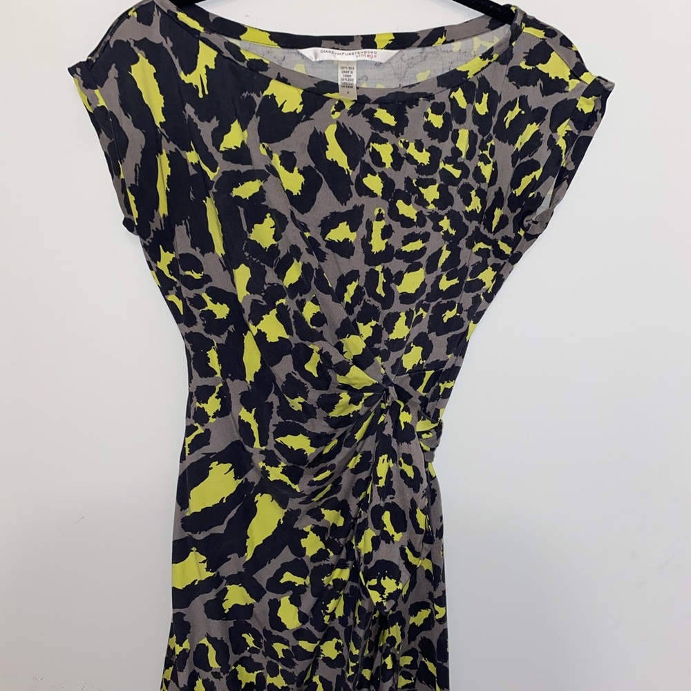 DVF Vintage yellow, grey and black leopard print dress